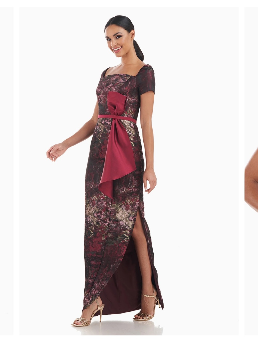 Kay Unger Layne column gown Burgundy Floral Maxi Gown with Sash